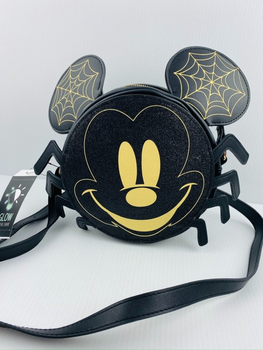 NEW Disney Mickey Mouse Spider Cross Body Glow Purse Halloween Black Glitter